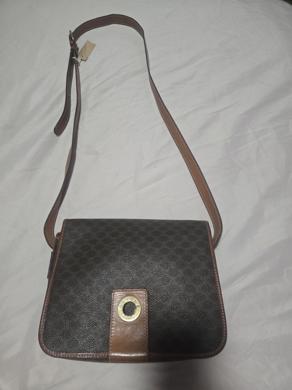 Brown Patterned Crossbody Bag with Leather Trim